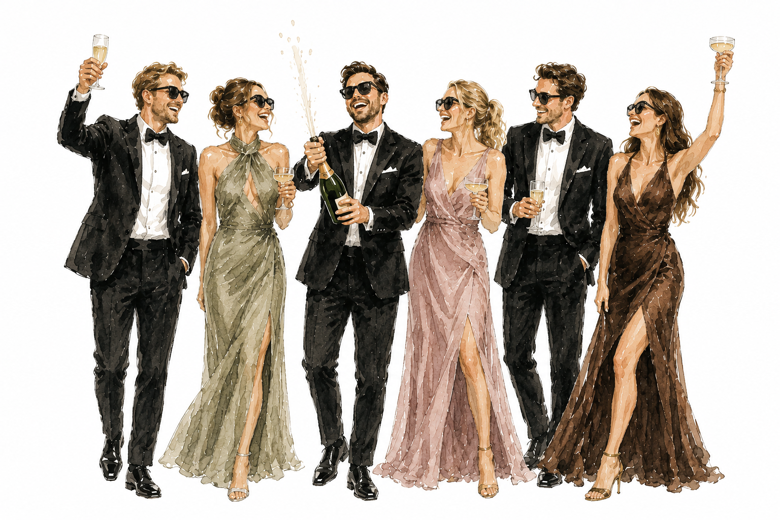 Akvarellillustration av gäster i frack och aftonklänningar med champagne