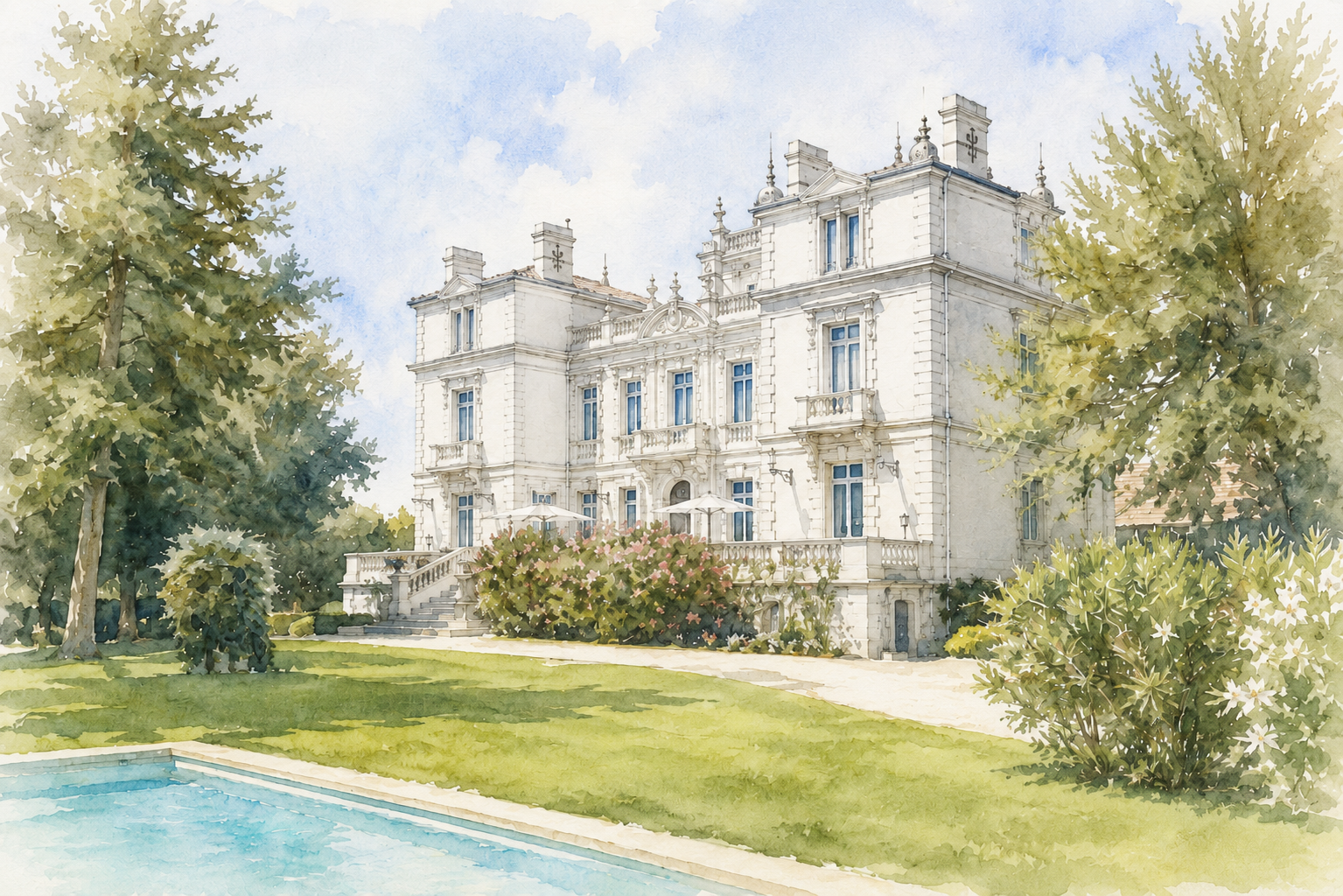 Akvarell av Château des 3 Fontaines
